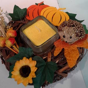 Das Blümchen - Blumen und Mehr: Blumen, Topfpflanzen, Geschenkartikel, Duftkerzen, Raumdüfte, dekorierte Blumenstöcke: herbsliche Dekoration Schale mit Igel und Kerze