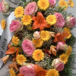 Das Blümchen - Blumen und Mehr: Blumen, Topfpflanzen, Geschenkartikel, Duftkerzen, Raumdüfte, dekorierte Blumenstöcke: Trauer-Floristik buntes Rosen-Bouquet